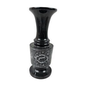 Black Marble Bud Vase Etched Floral Designs Stone 8 in Vintage Home Decor